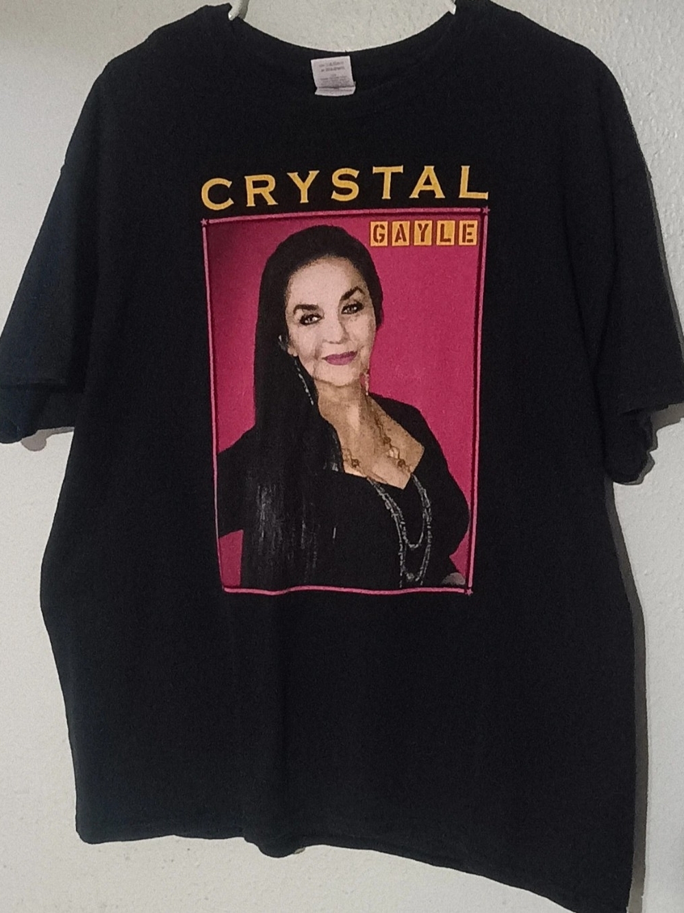Gildan Black Graphic Tee with Pink Portrait and Yellow Text
